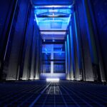 Interior moderno do mainframe com néon azul