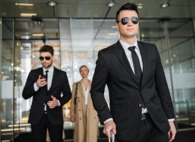 private security service, personal safety concept, handsome bodyguards in formal wear