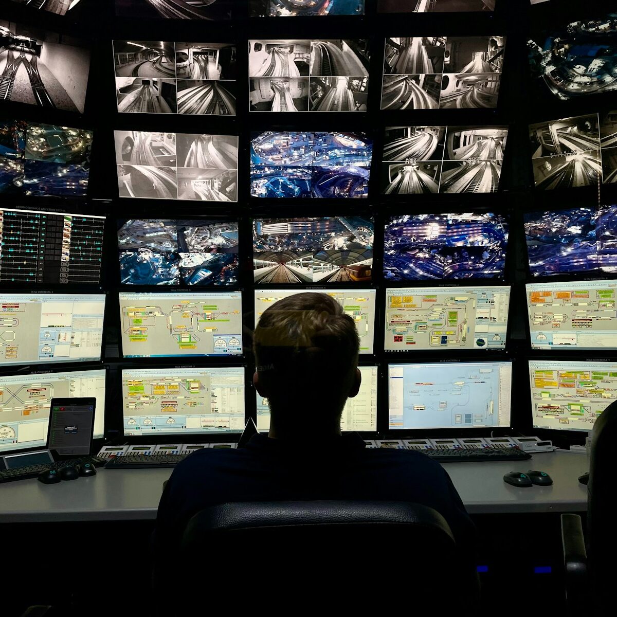 a man sitting in front of multiple monitors